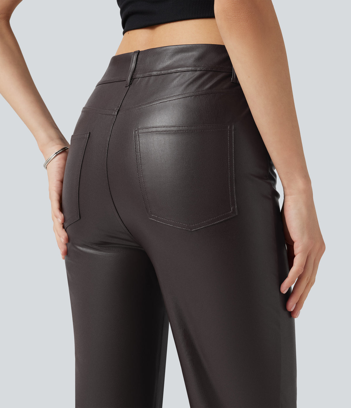 Mid Rise Stretchy PU Bootcut Casual Trousers with Pockets — Smoky Dusk Brown — view 4
