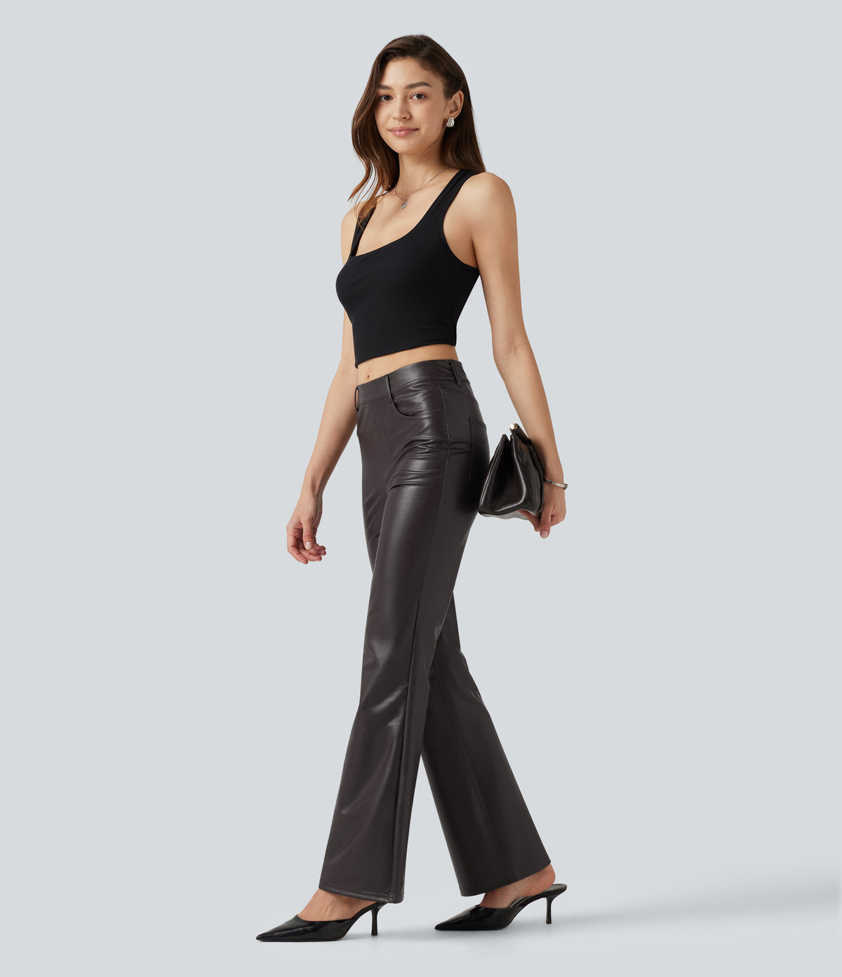Mid Rise Stretchy PU Bootcut Casual Trousers with Pockets — Smoky Dusk Brown — view 6