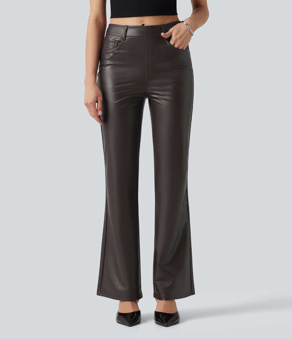 Mid Rise Stretchy PU Bootcut Casual Trousers with Pockets — Smoky Dusk Brown — view 3