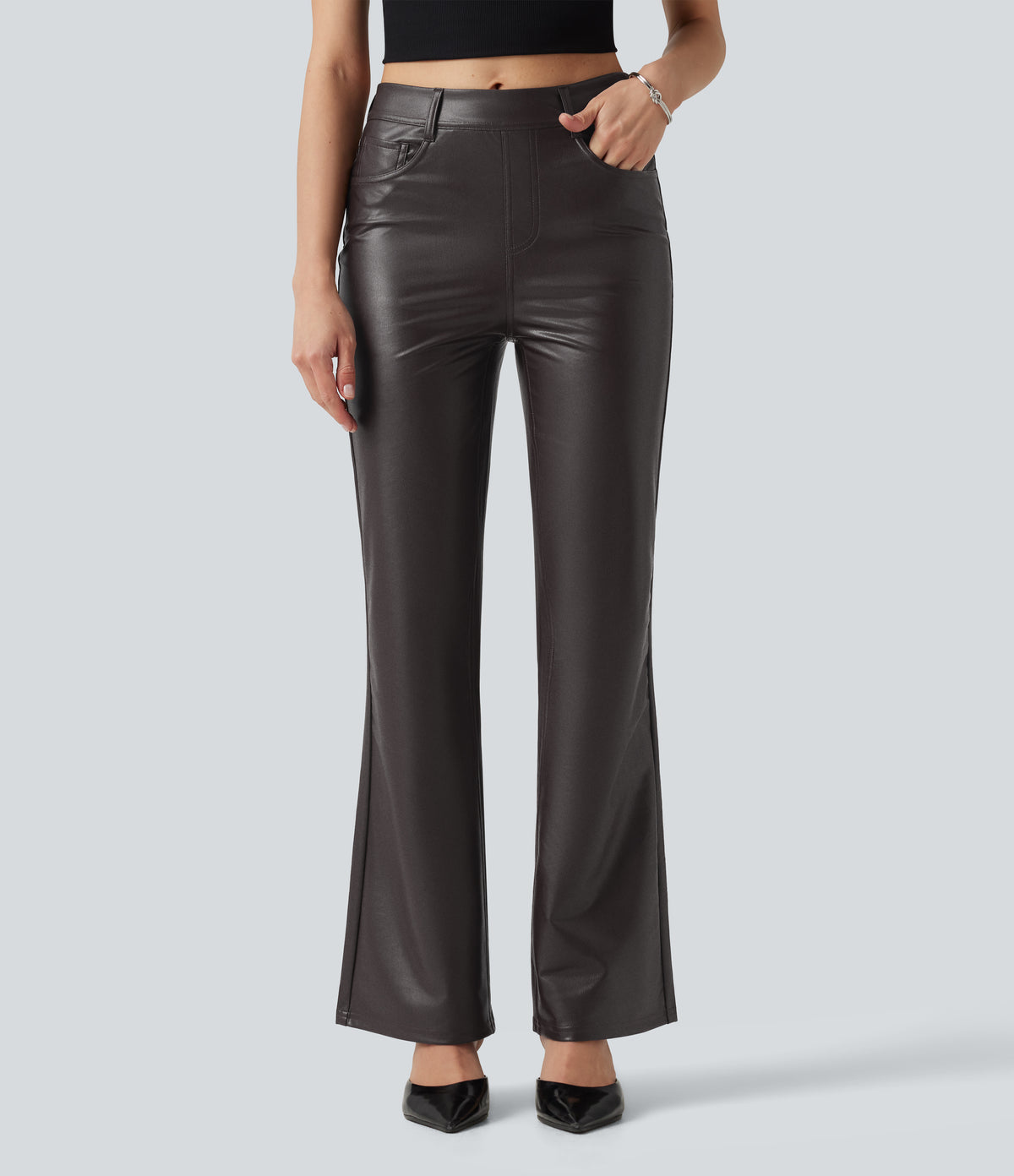 Mid Rise Stretchy PU Bootcut Casual Trousers with Pockets — Smoky Dusk Brown — view 3