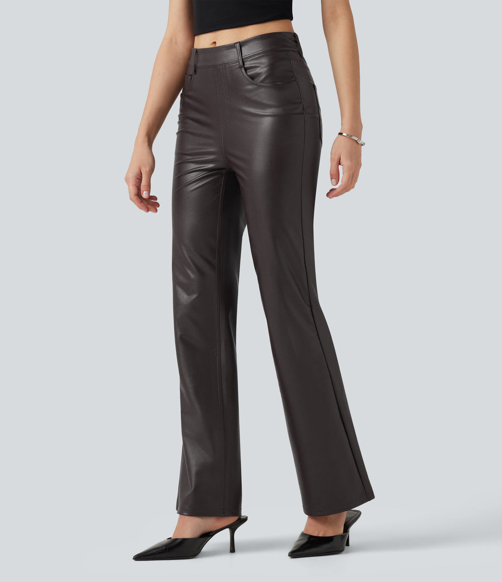 Mid Rise Stretchy PU Bootcut Casual Trousers with Pockets — Smoky Dusk Brown — view 2