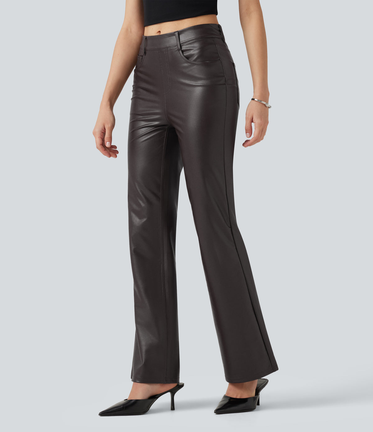 Mid Rise Stretchy PU Bootcut Casual Trousers with Pockets — Smoky Dusk Brown — view 2