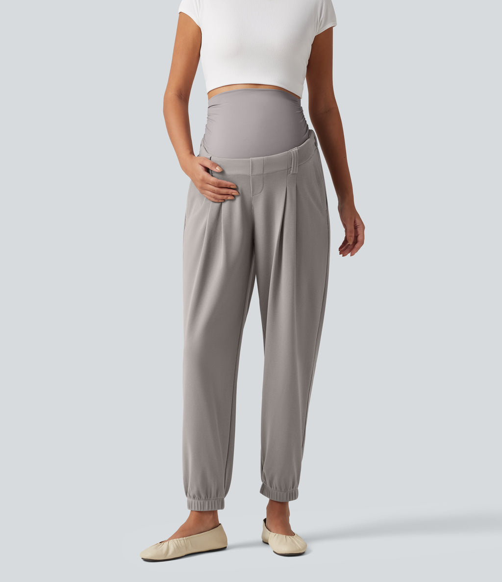 Super High Waisted Tapered Waffle Casual Maternity Joggers with Pockets — Mink Ash — view 3