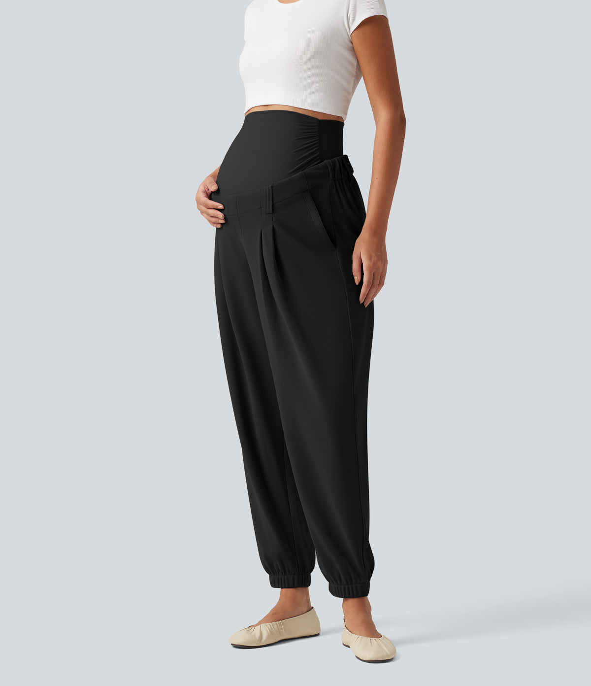 Super High Waisted Tapered Waffle Casual Maternity Joggers with Pockets — Black — view 6