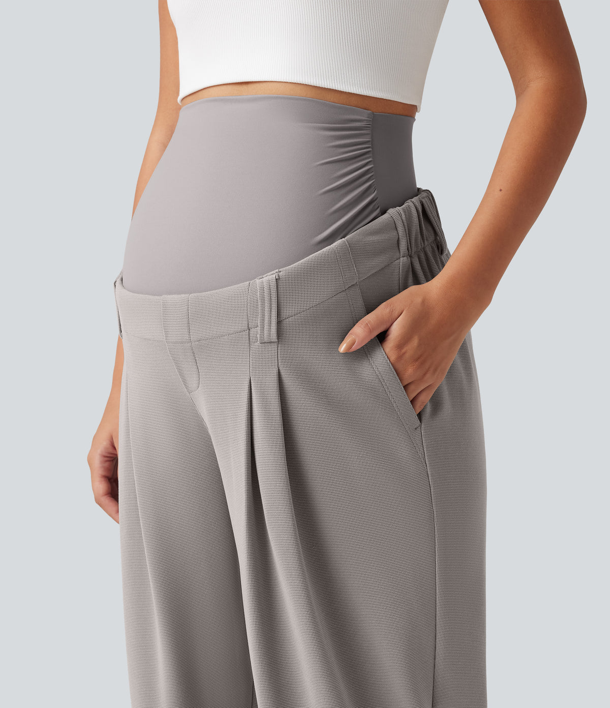 Super High Waisted Tapered Waffle Casual Maternity Joggers with Pockets — Mink Ash — view 4