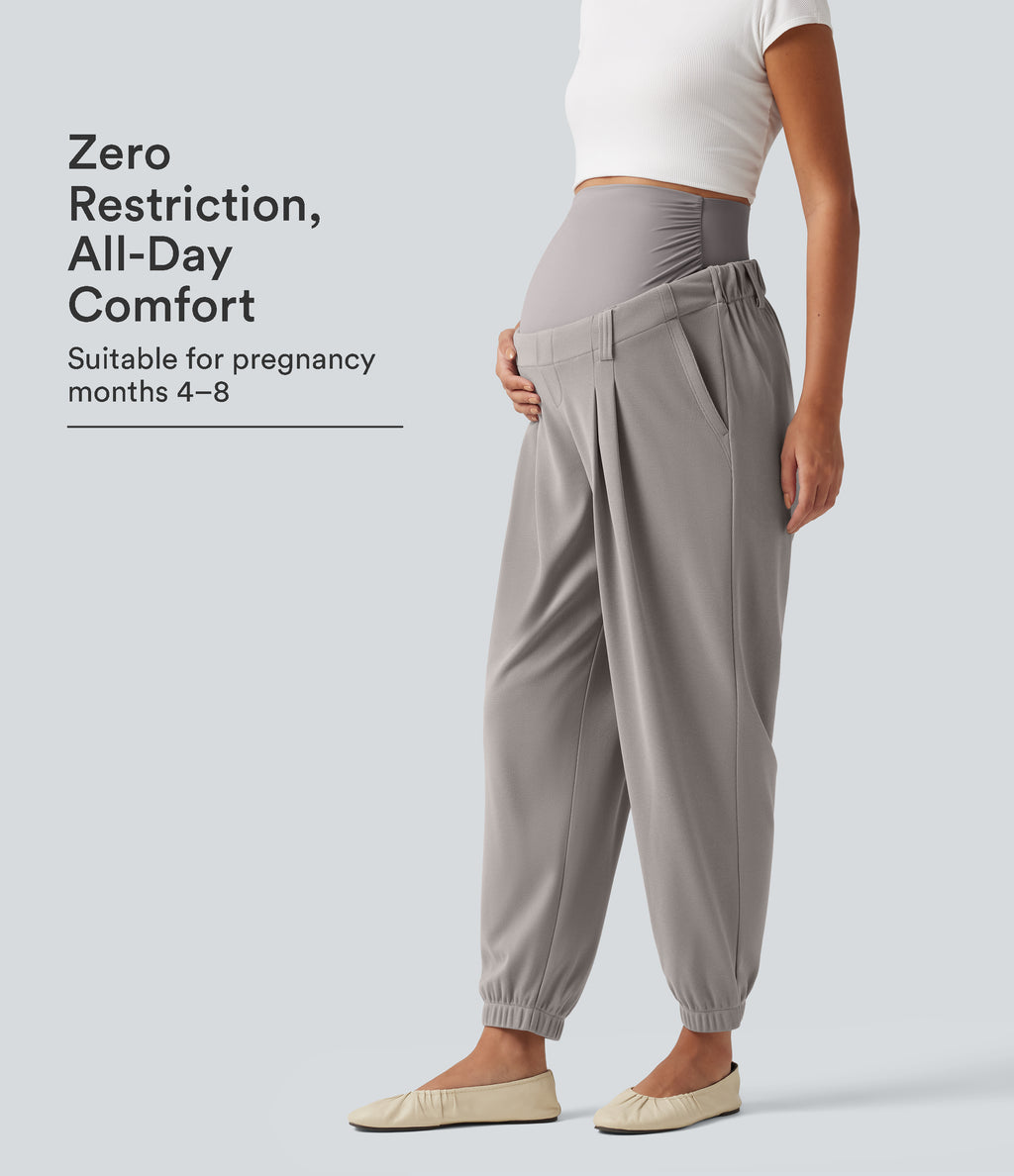 Super High Waisted Tapered Waffle Casual Maternity Joggers with Pockets — Mink Ash — view 1