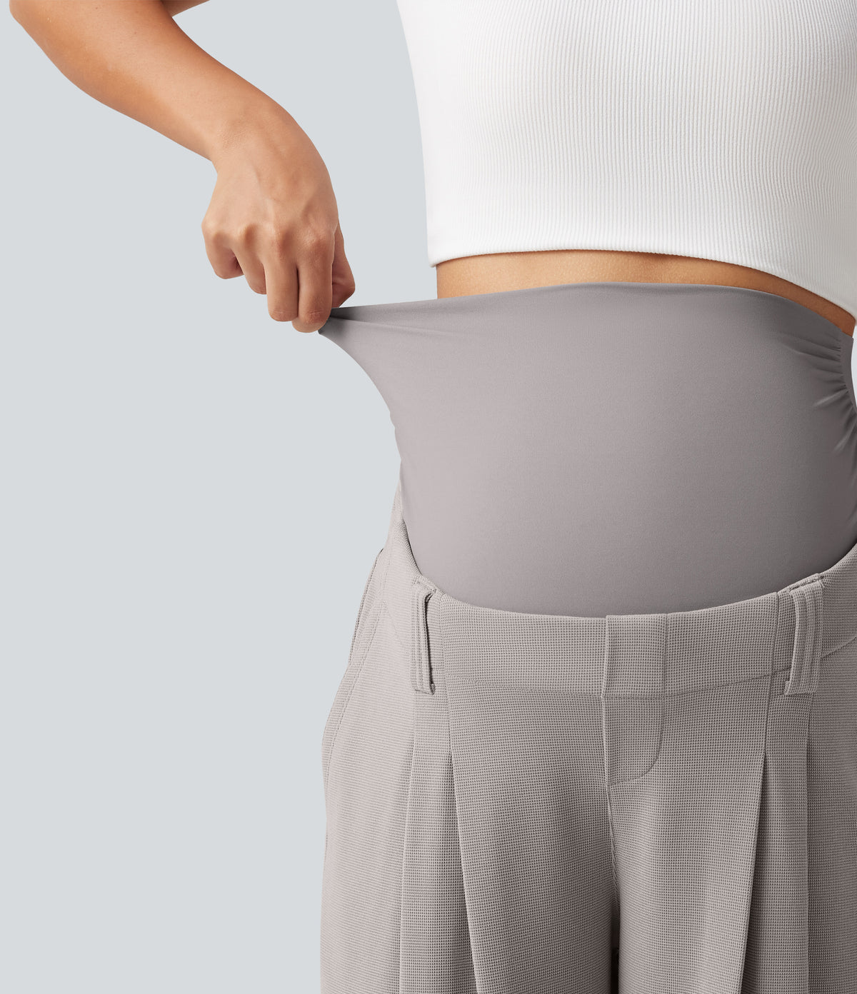 Super High Waisted Tapered Waffle Casual Maternity Joggers with Pockets — Mink Ash — view 5