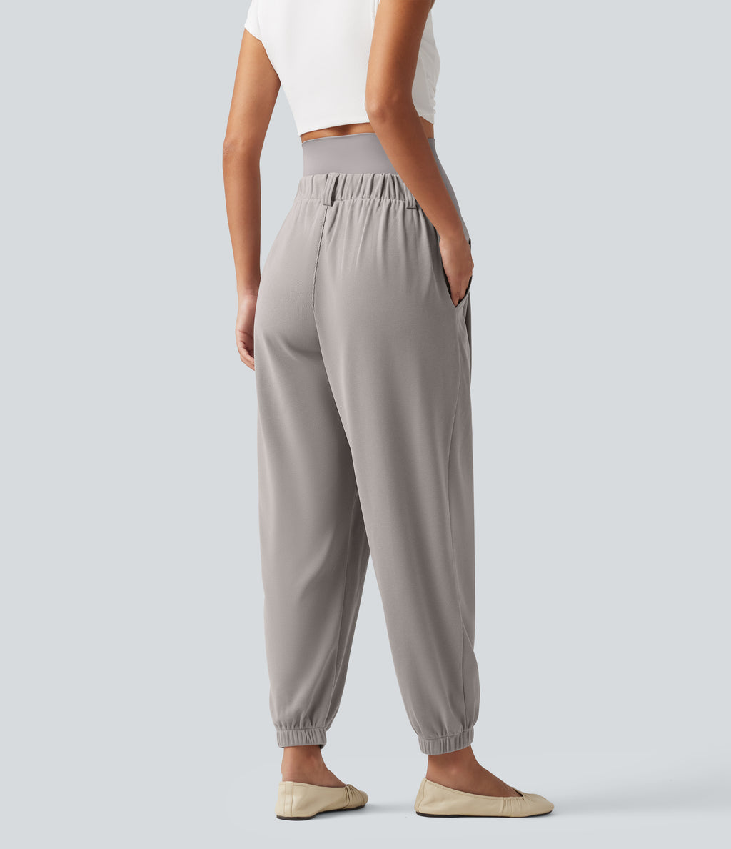 Super High Waisted Tapered Waffle Casual Maternity Joggers with Pockets — Mink Ash — view 2