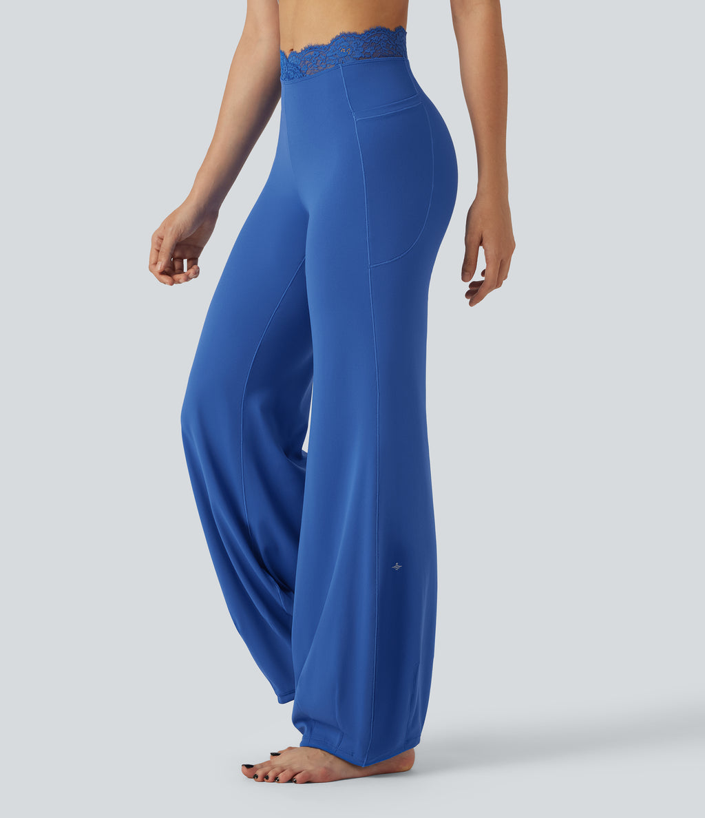 High Waisted Contrast Lace Dance Balloon Trousers with Pockets — Beaucoup Blue — view 1