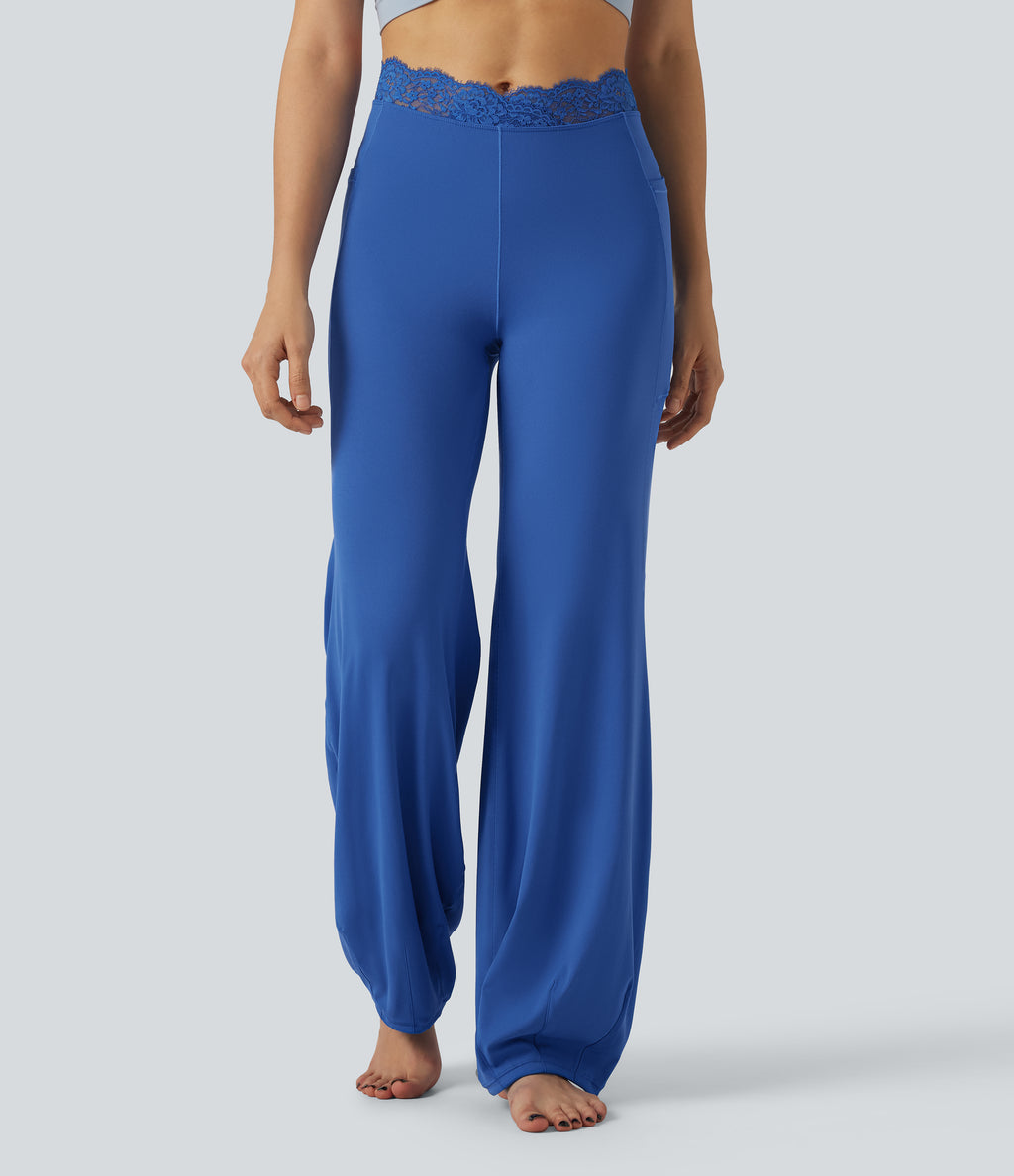 High Waisted Contrast Lace Dance Balloon Trousers with Pockets — Beaucoup Blue — view 3