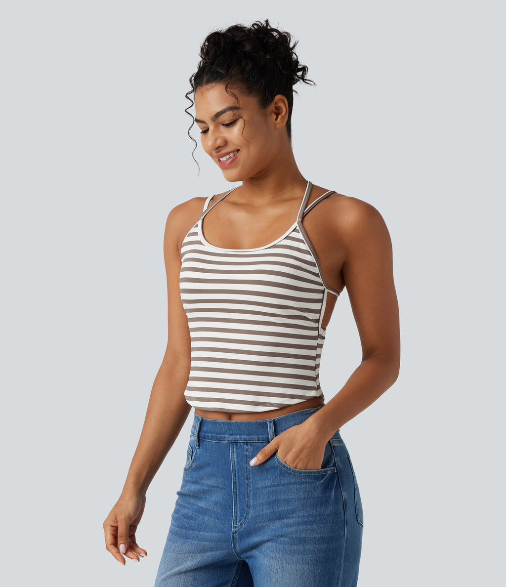 U Neck Built-in Bra Stripe Casual Tank Top — Café Mocha — view 3