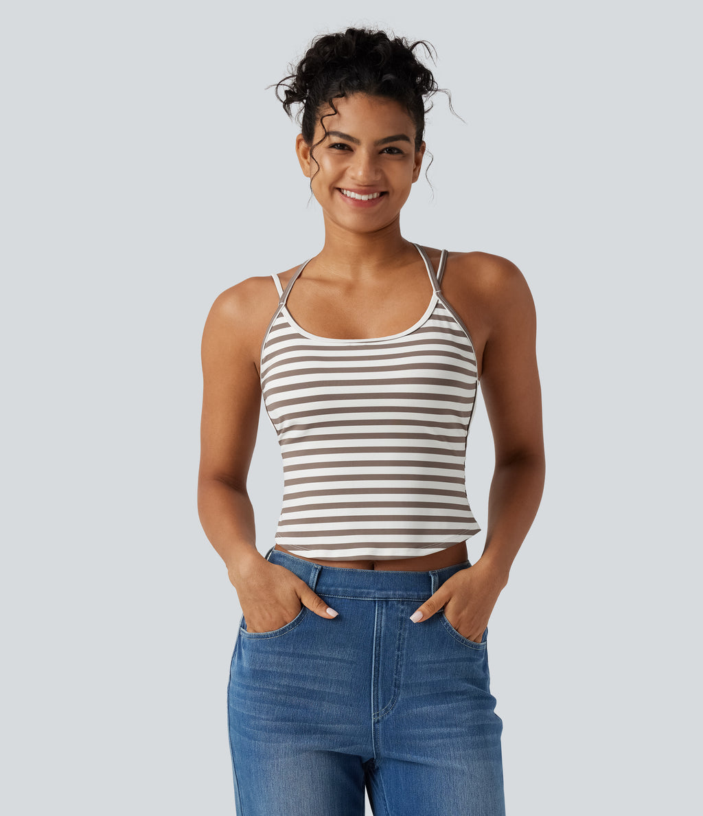 U Neck Built-in Bra Stripe Casual Tank Top — Café Mocha — view 2
