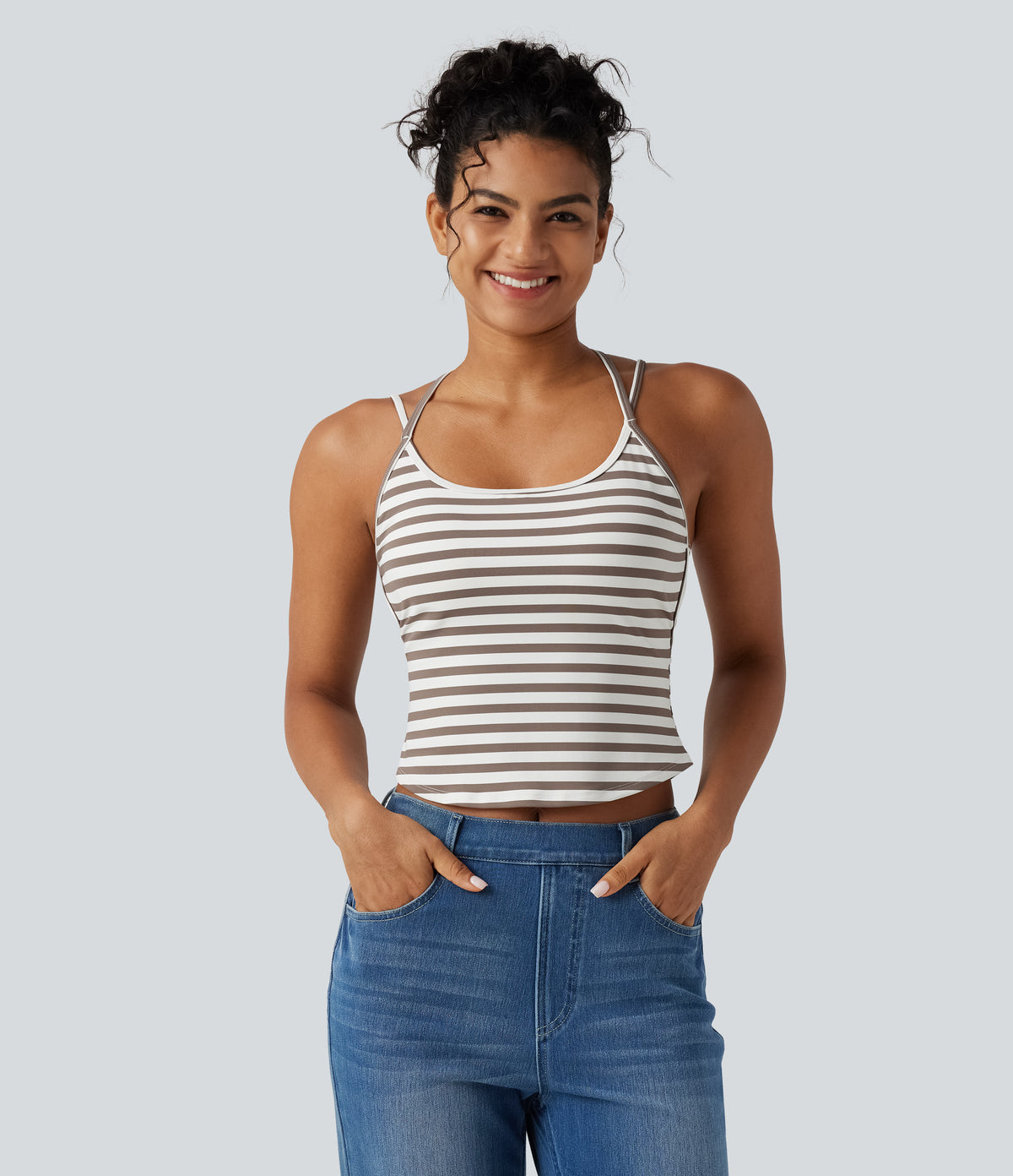U Neck Built-in Bra Stripe Casual Tank Top — Café Mocha — view 2