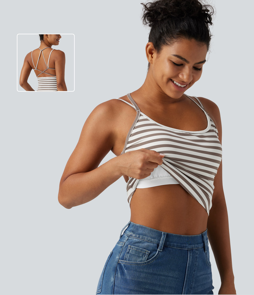 U Neck Built-in Bra Stripe Casual Tank Top — Café Mocha — view 1