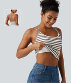 U Neck Built-in Bra Stripe Casual Tank Top — Café Mocha — view 1