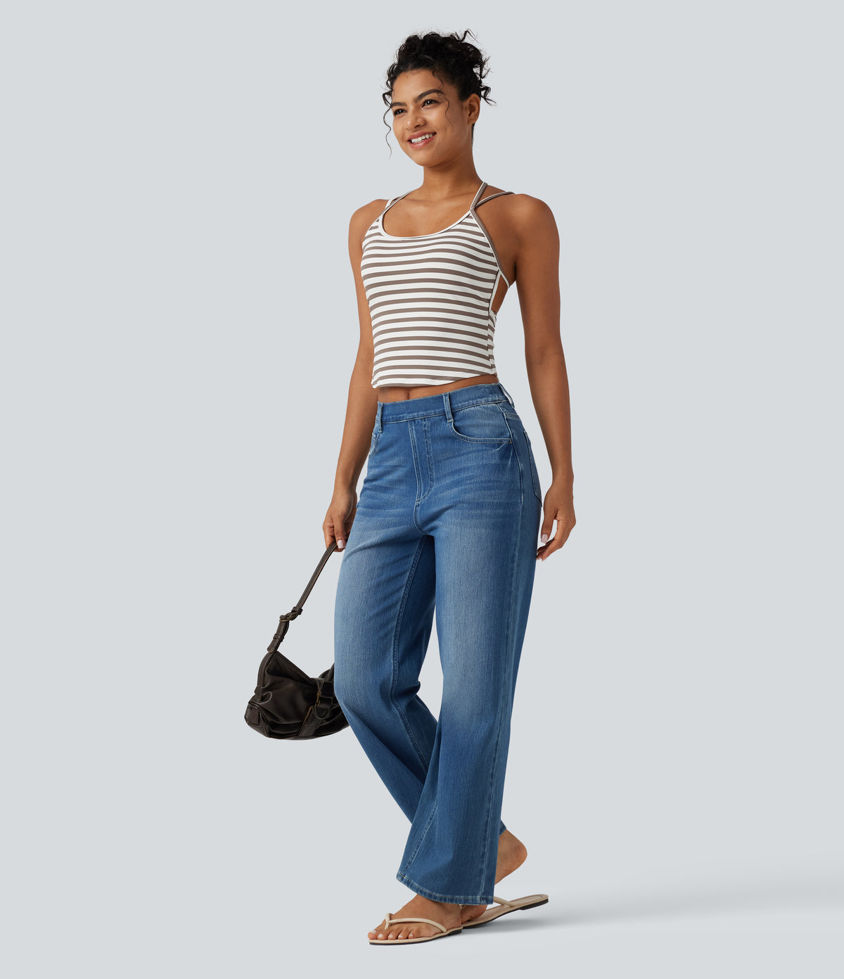 U Neck Built-in Bra Stripe Casual Tank Top — Café Mocha — view 7
