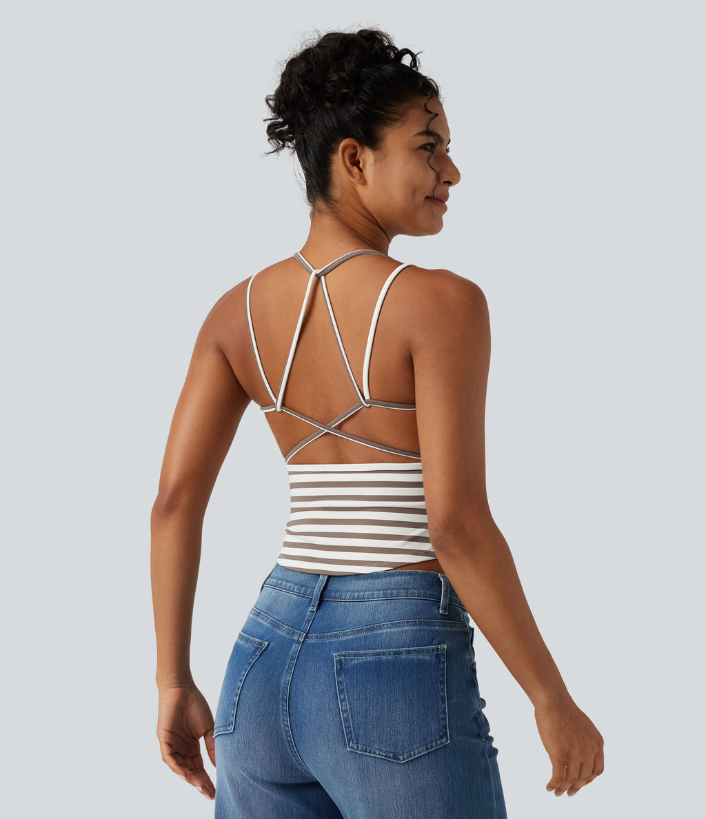 U Neck Built-in Bra Stripe Casual Tank Top — Café Mocha — view 4