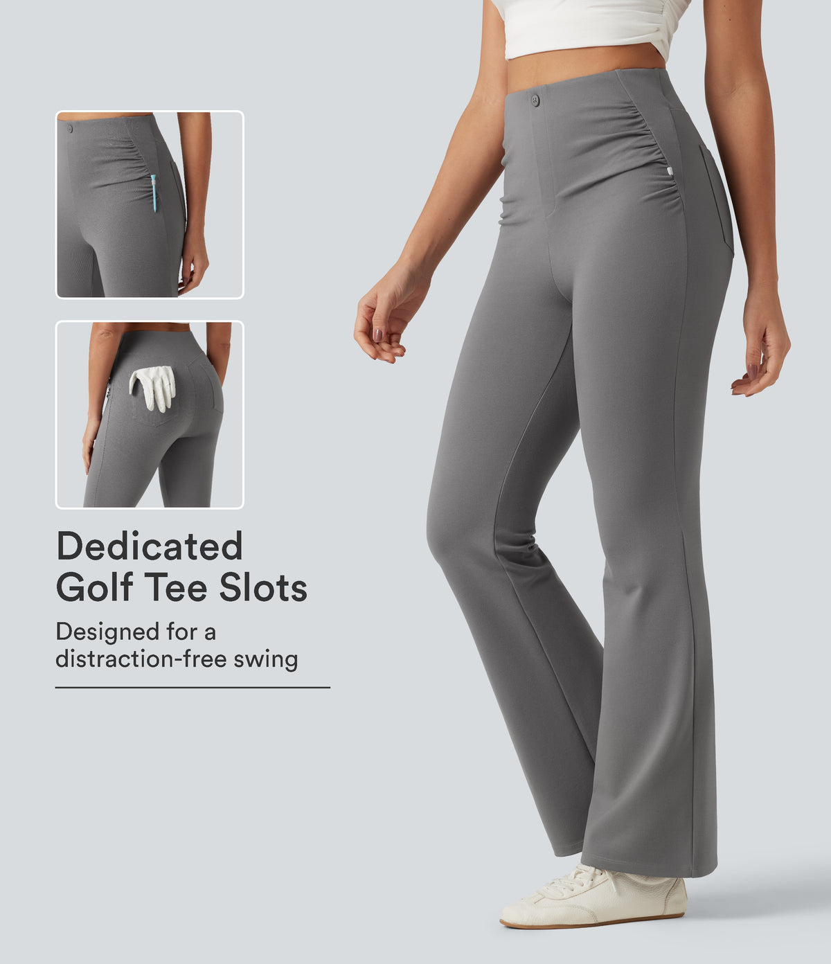 High Waisted Ruched Flare Golf Trousers with Pockets-Golf Tee — Putty Gray — view 1