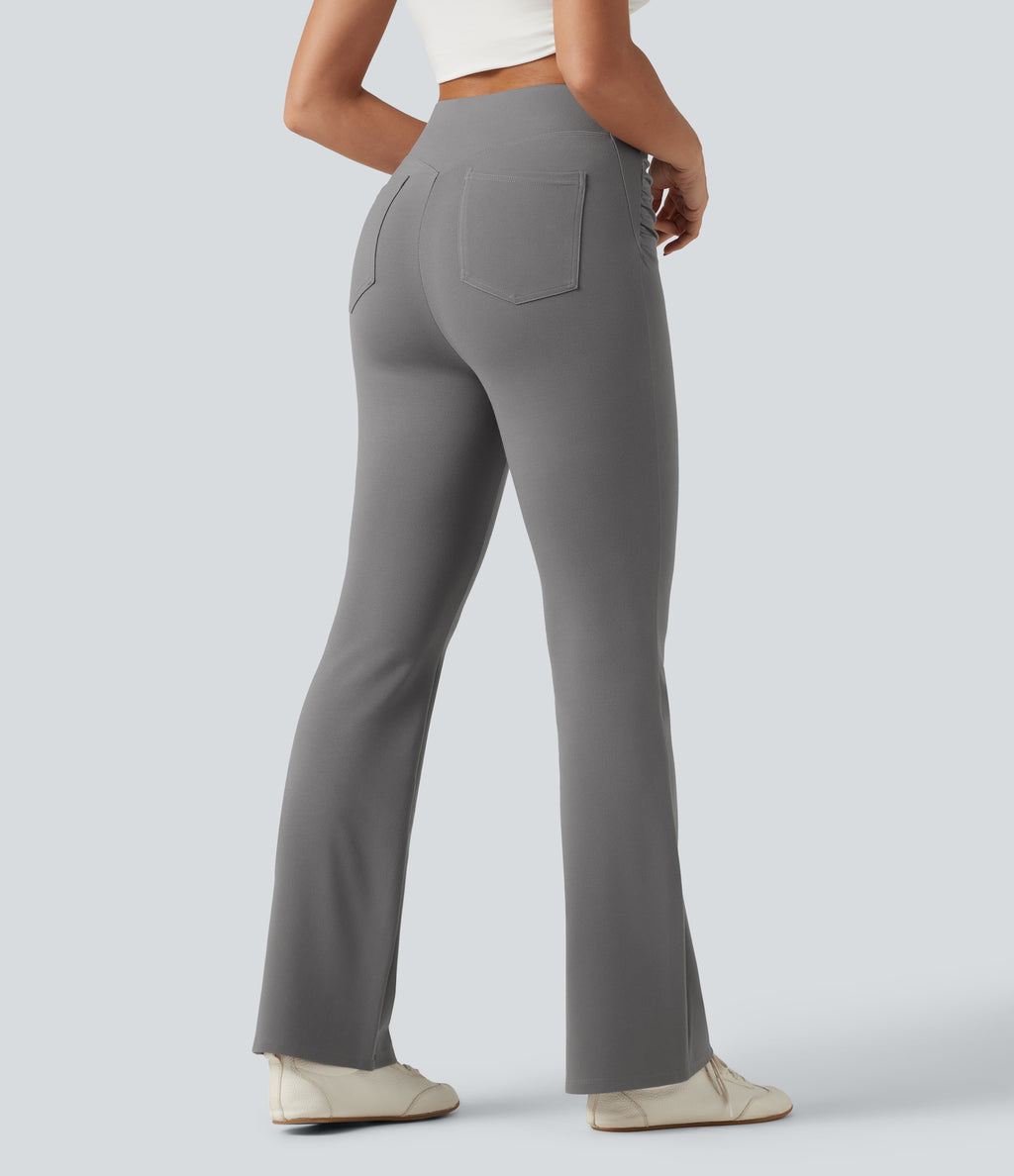 High Waisted Ruched Flare Golf Trousers with Pockets-Golf Tee — Putty Gray — view 2