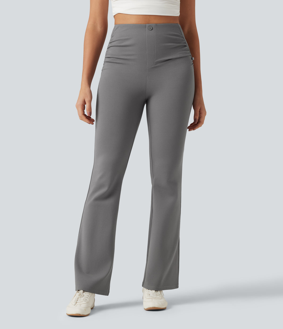 High Waisted Ruched Flare Golf Trousers with Pockets-Golf Tee — Putty Gray — view 3