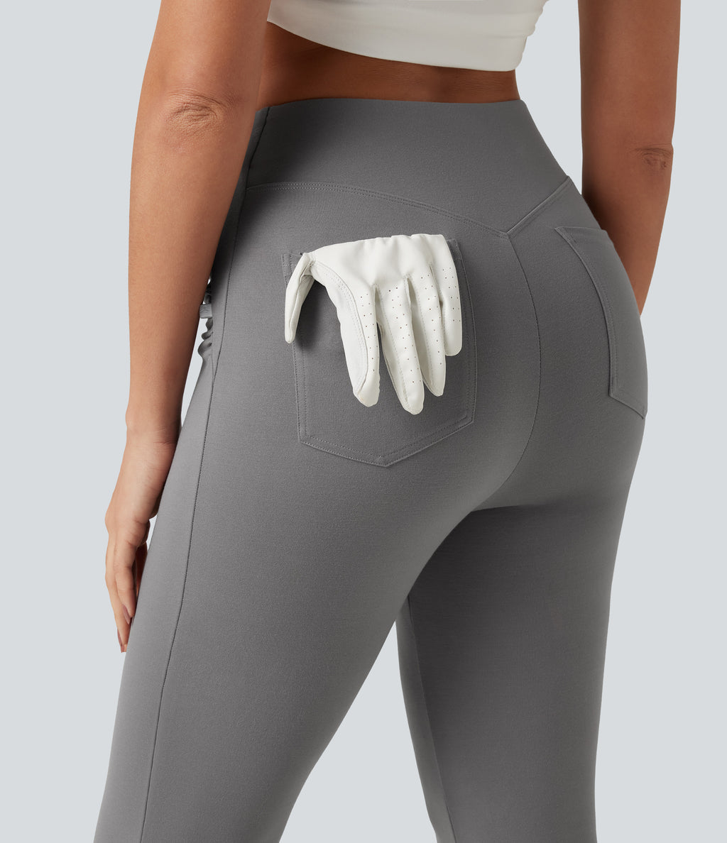 High Waisted Ruched Flare Golf Trousers with Pockets-Golf Tee — Putty Gray — view 5
