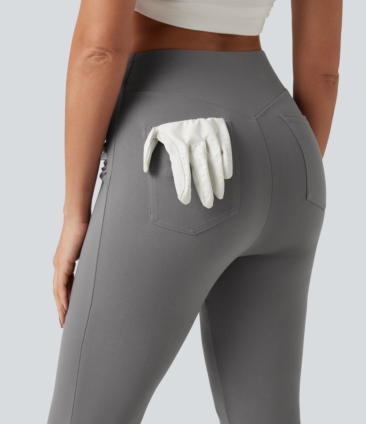 High Waisted Ruched Flare Golf Trousers with Pockets-Golf Tee — Putty Gray — view 5