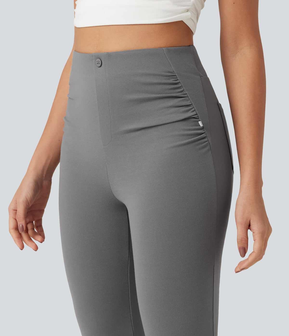 High Waisted Ruched Flare Golf Trousers with Pockets-Golf Tee — Putty Gray — view 4