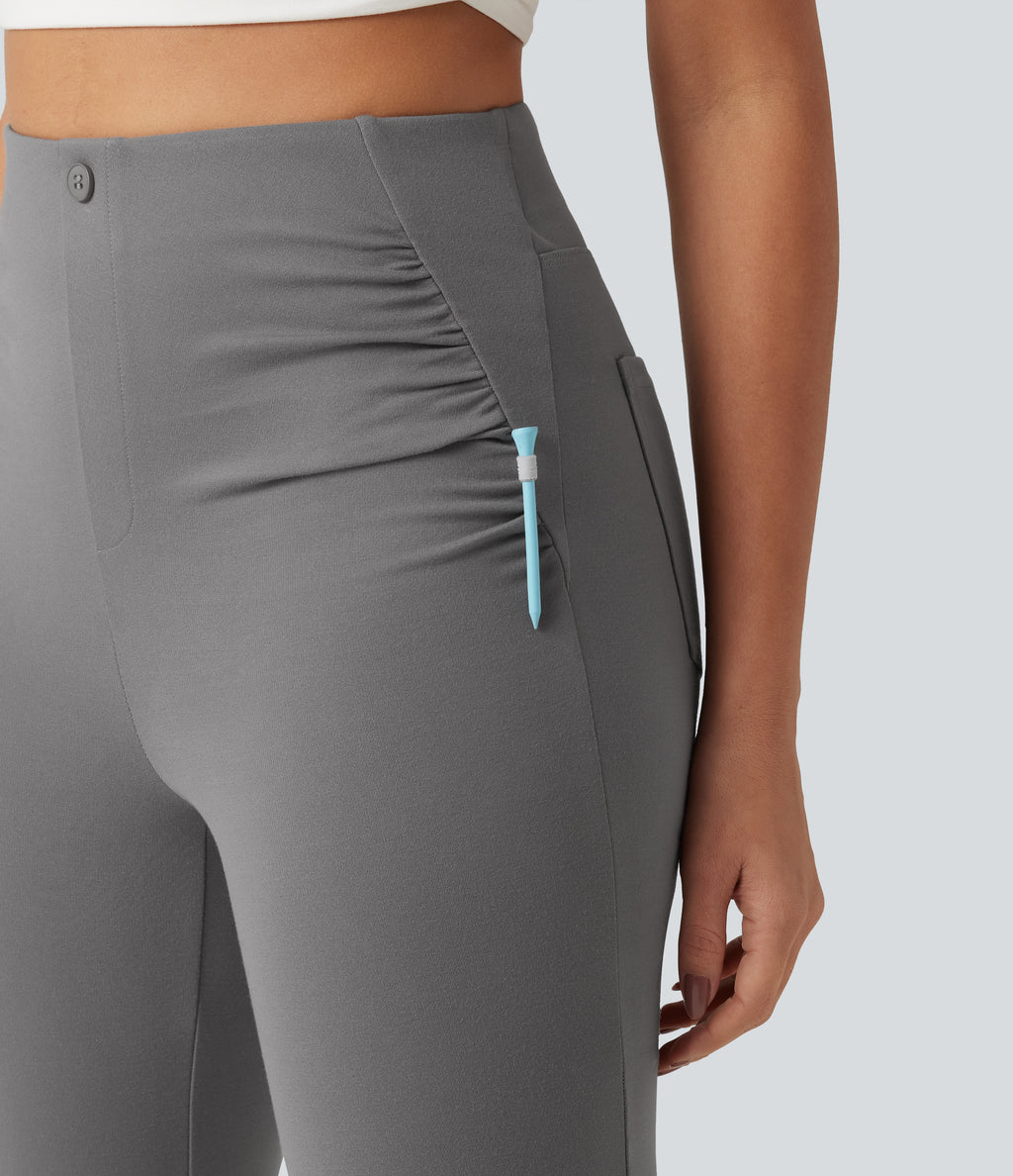 High Waisted Ruched Flare Golf Trousers with Pockets-Golf Tee — Putty Gray — view 6