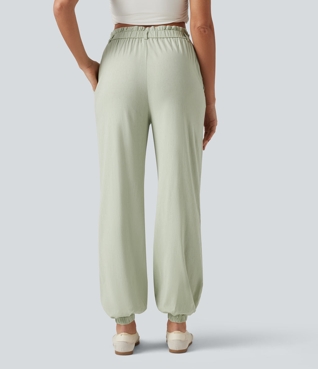 High Waisted Casual Stretch Linen Joggers with Pockets — Mist Meadow Green — view 2