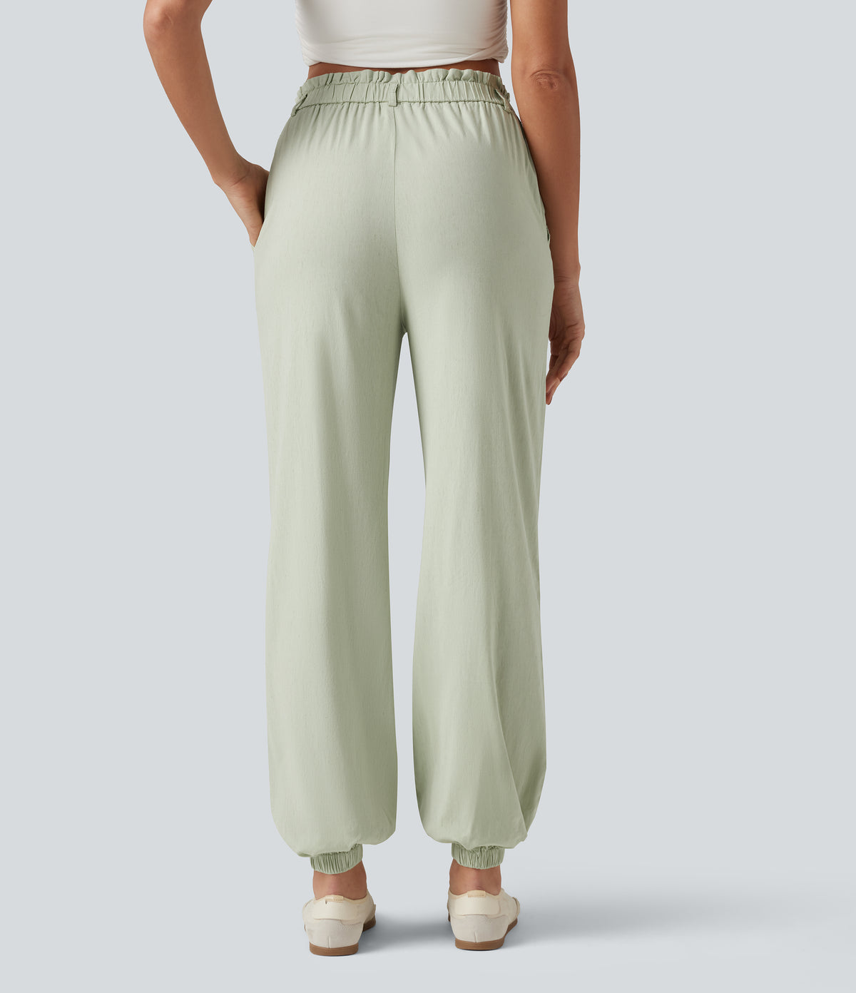 High Waisted Casual Stretch Linen Joggers with Pockets — Mist Meadow Green — view 2