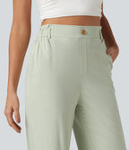 High Waisted Casual Stretch Linen Joggers with Pockets — Mist Meadow Green — view 4