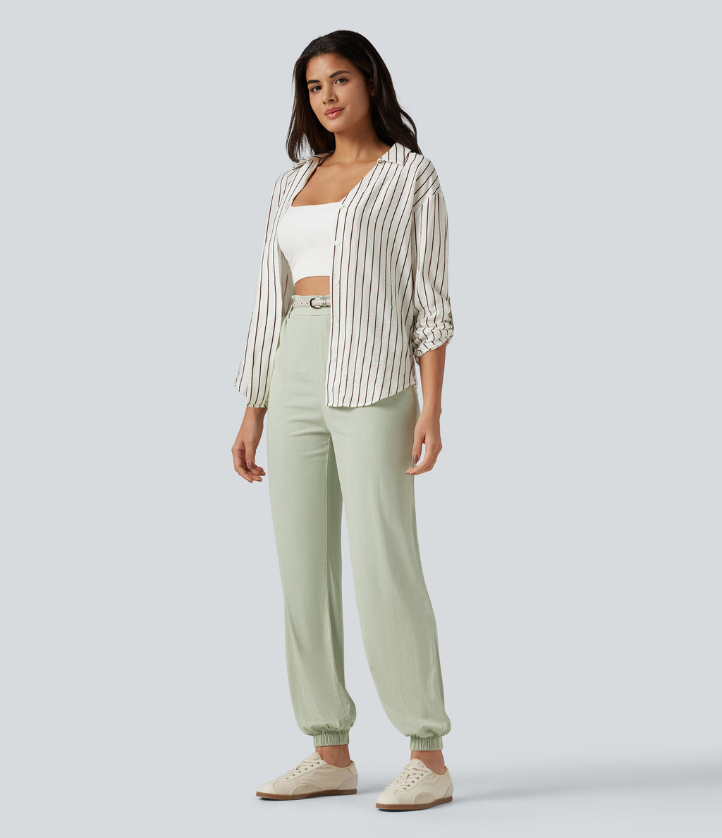 High Waisted Casual Stretch Linen Joggers with Pockets — Mist Meadow Green — view 7