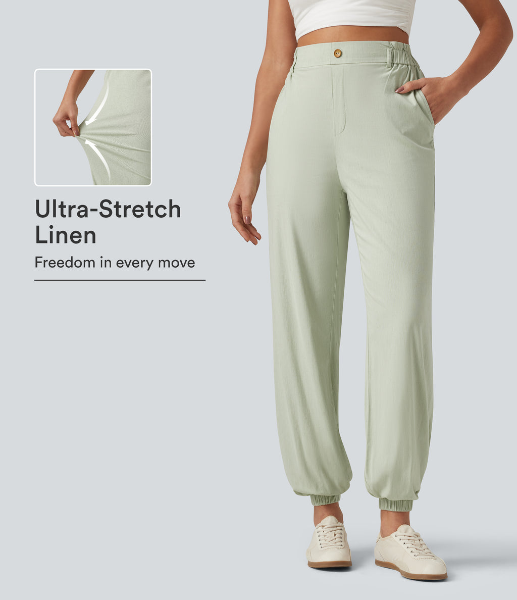 High Waisted Casual Stretch Linen Joggers with Pockets — Mist Meadow Green — view 1