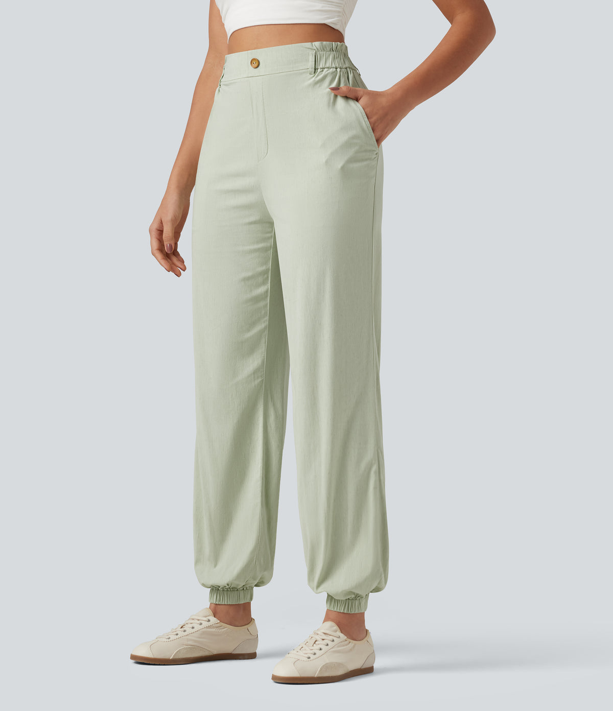 High Waisted Casual Stretch Linen Joggers with Pockets — Mist Meadow Green — view 3