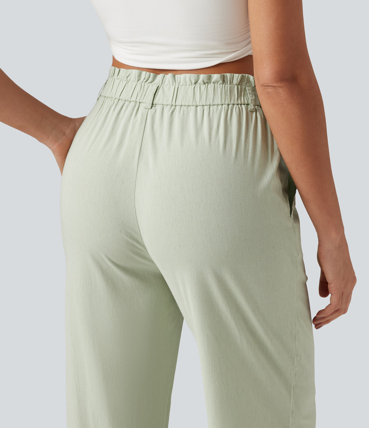 High Waisted Casual Stretch Linen Joggers with Pockets — Mist Meadow Green — view 5