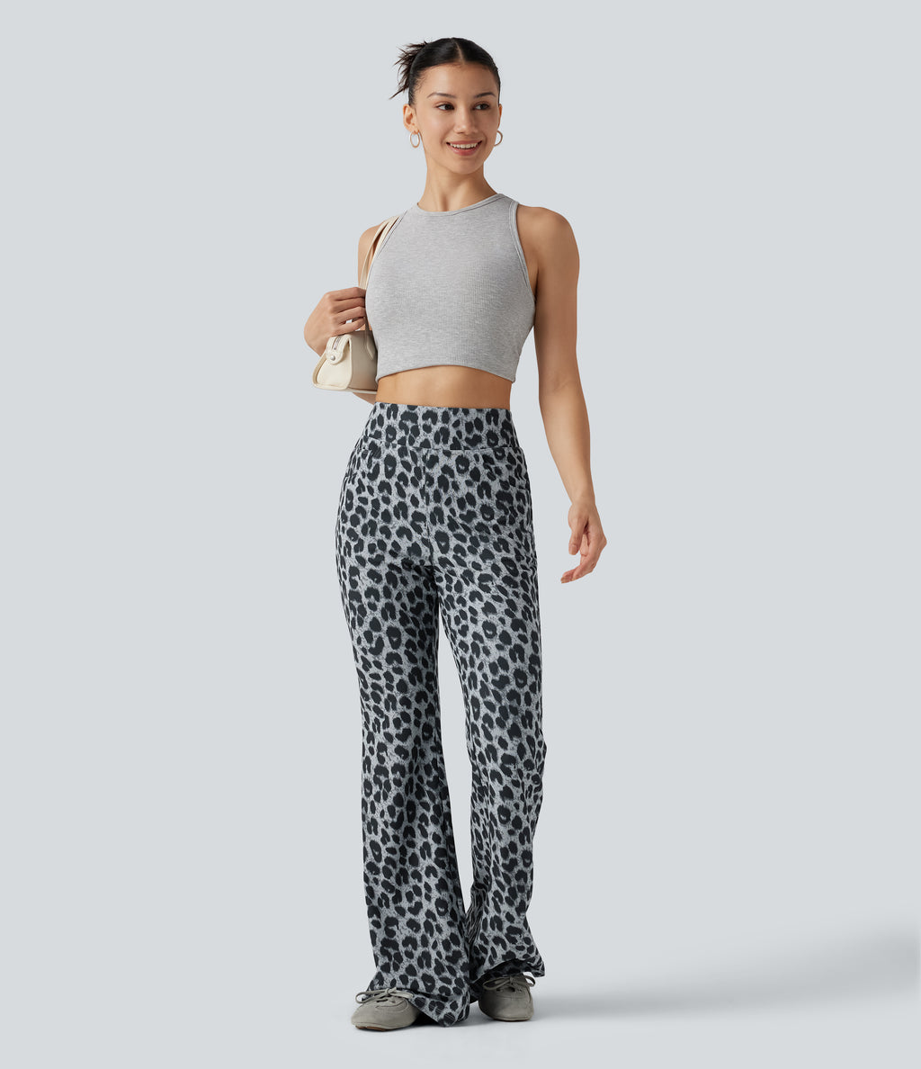 High Waisted Leopard Waffle Flare Casual Trousers with Pockets — Frosted Panther — view 7