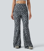 High Waisted Leopard Waffle Flare Casual Trousers with Pockets — Frosted Panther — view 1