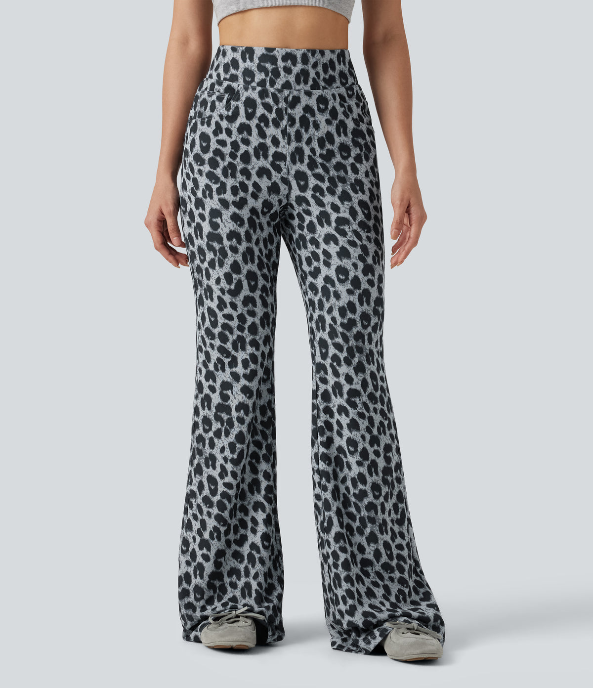 High Waisted Leopard Waffle Flare Casual Trousers with Pockets — Frosted Panther — view 1