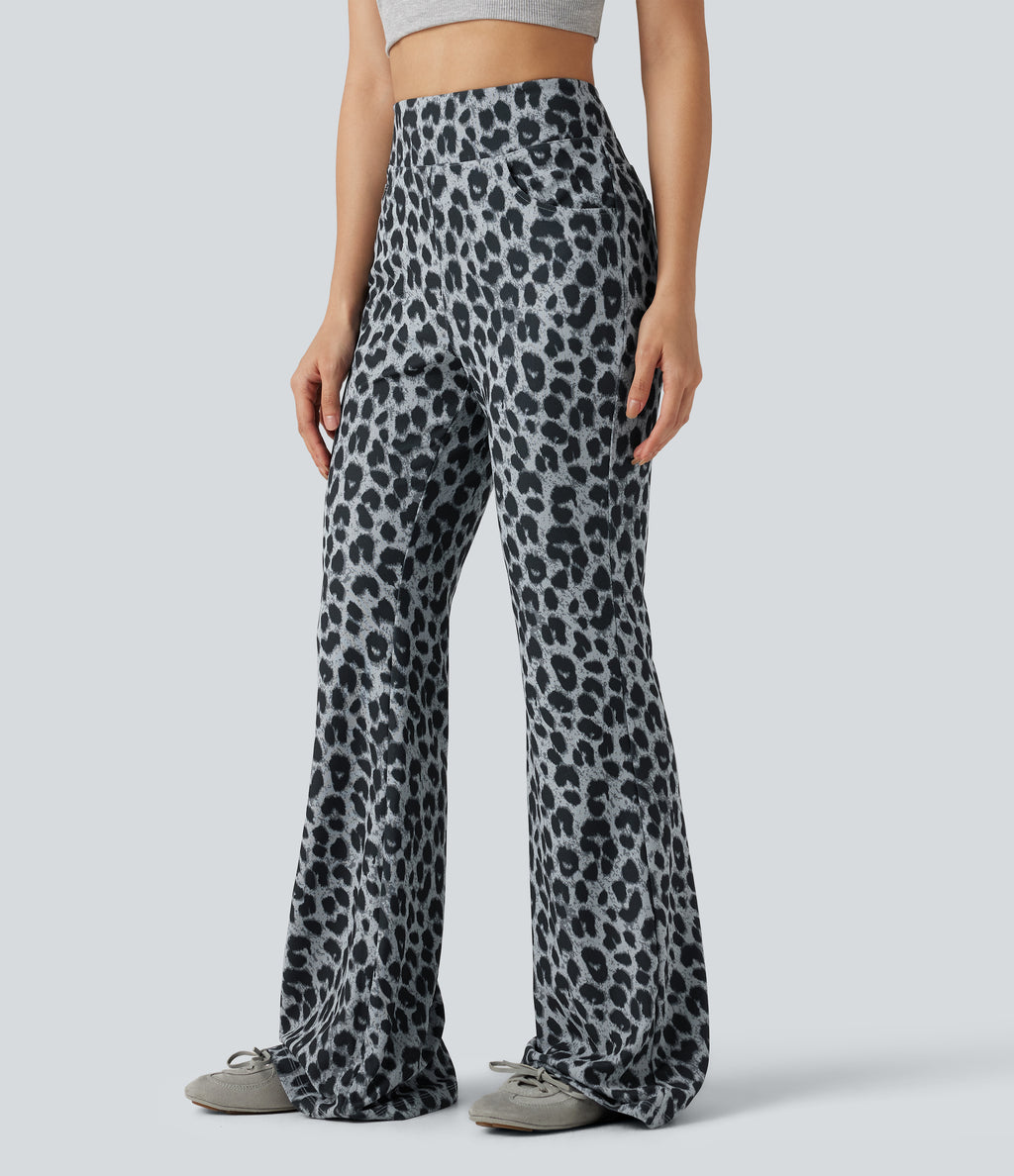High Waisted Leopard Waffle Flare Casual Trousers with Pockets — Frosted Panther — view 3