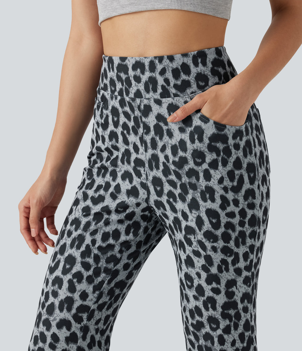 High Waisted Leopard Waffle Flare Casual Trousers with Pockets — Frosted Panther — view 4