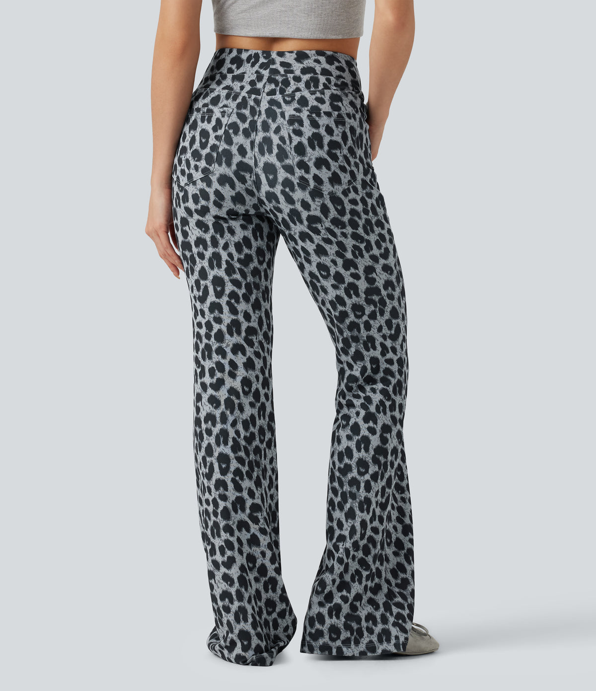 High Waisted Leopard Waffle Flare Casual Trousers with Pockets — Frosted Panther — view 2
