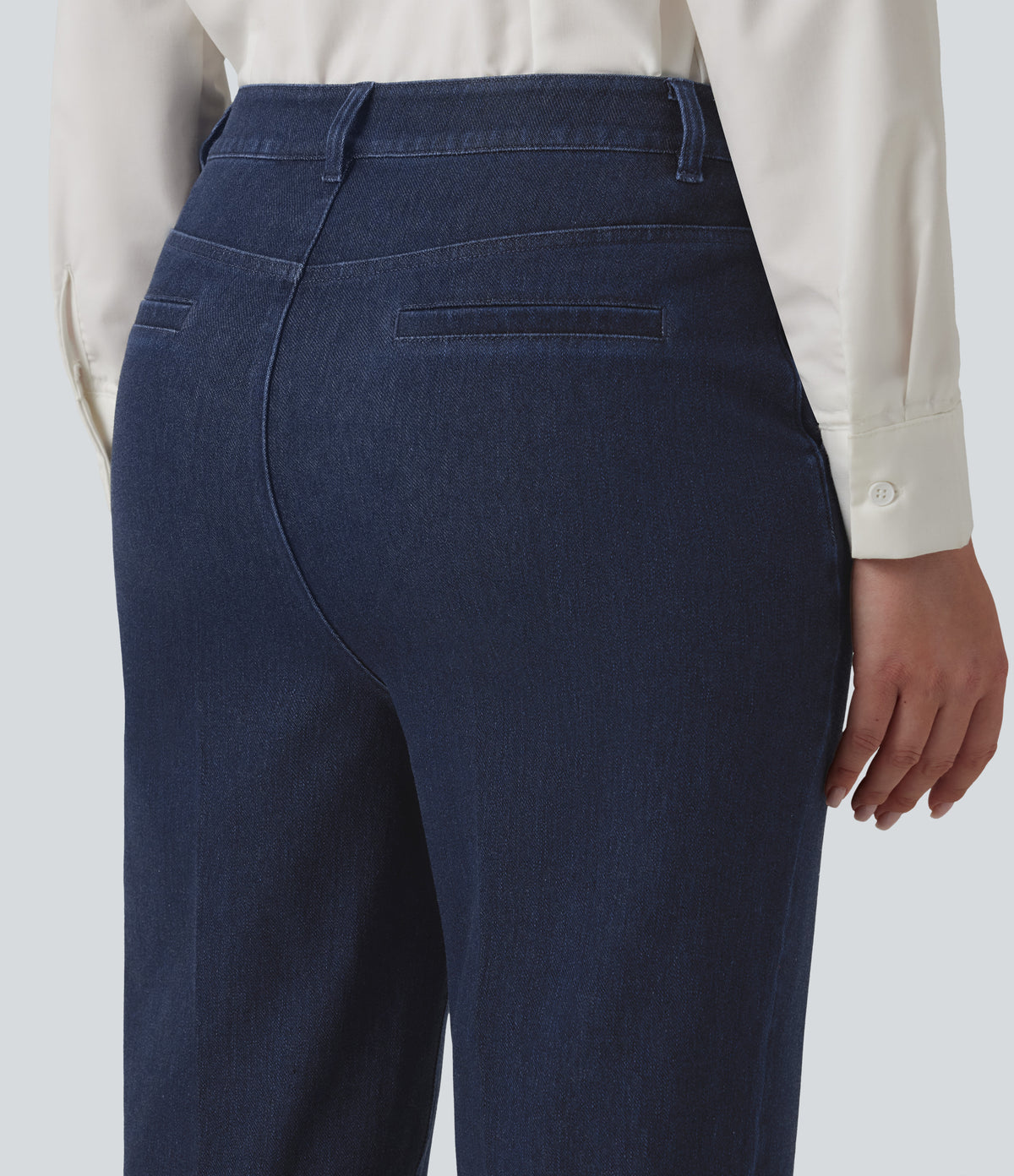 High Waisted Straight Leg Work Jeans with Pockets — Estate Blue Denim — view 4