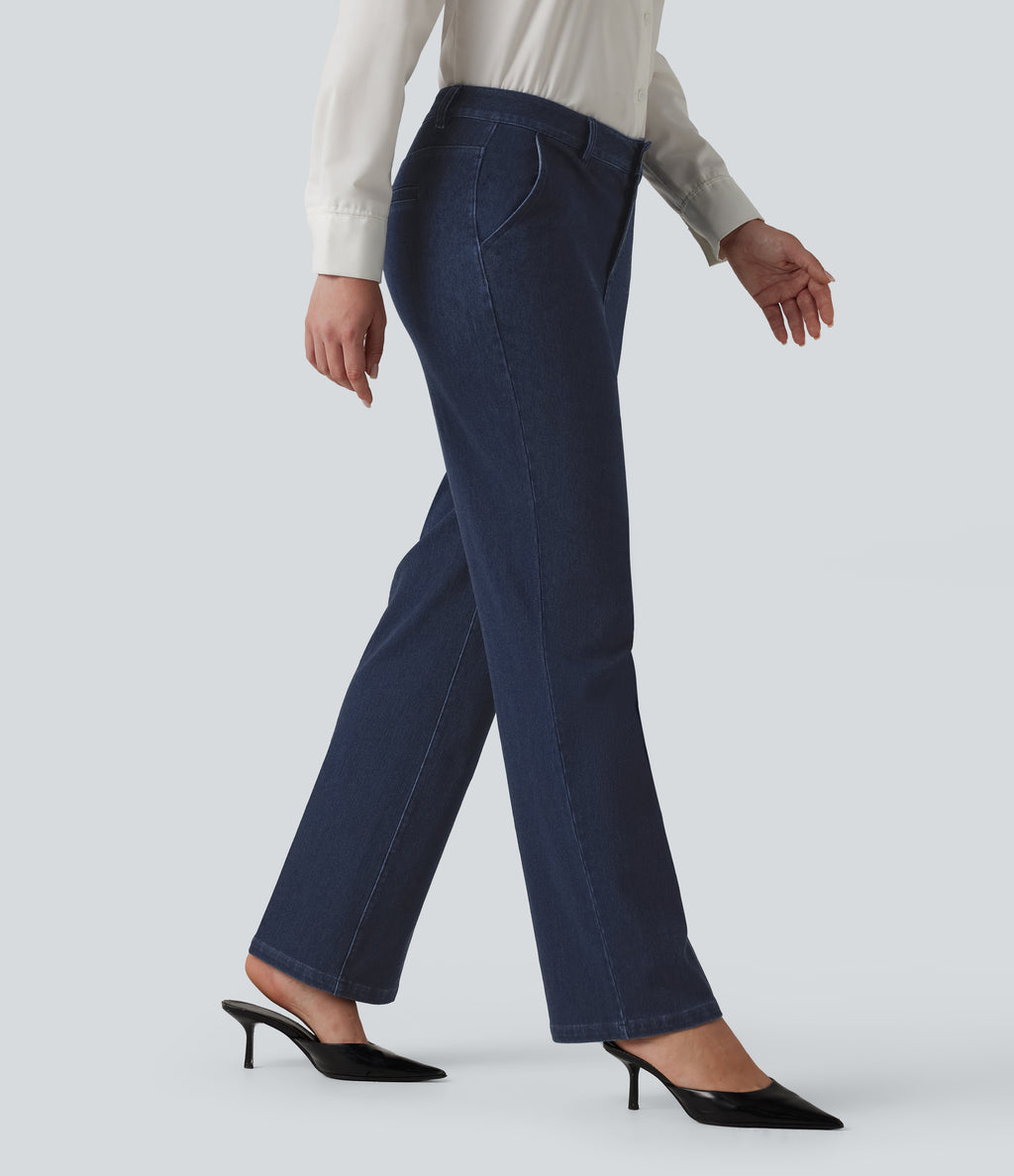 High Waisted Straight Leg Work Jeans with Pockets — Estate Blue Denim — view 1