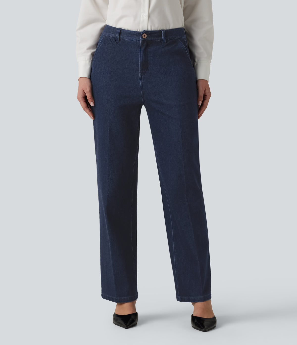 High Waisted Straight Leg Work Jeans with Pockets — Estate Blue Denim — view 3