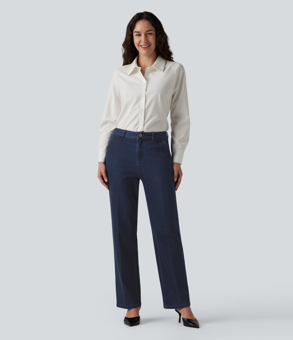 High Waisted Straight Leg Work Jeans with Pockets — Estate Blue Denim — view 6