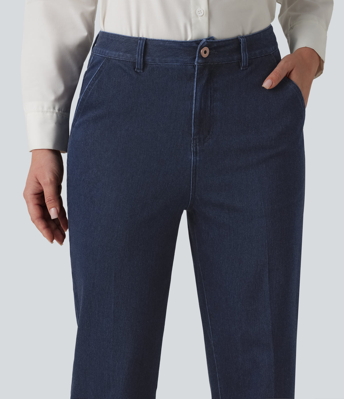 High Waisted Straight Leg Work Jeans with Pockets — Estate Blue Denim — view 5