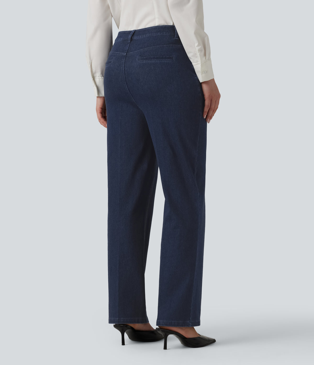 High Waisted Straight Leg Work Jeans with Pockets — Estate Blue Denim — view 2