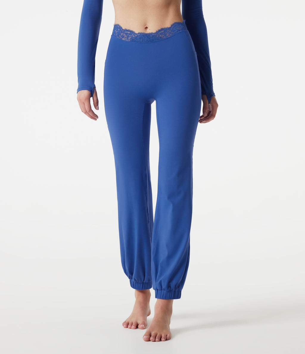 High Waisted Contrast Lace Dance Balloon Joggers with Pockets — Beaucoup Blue — view 3