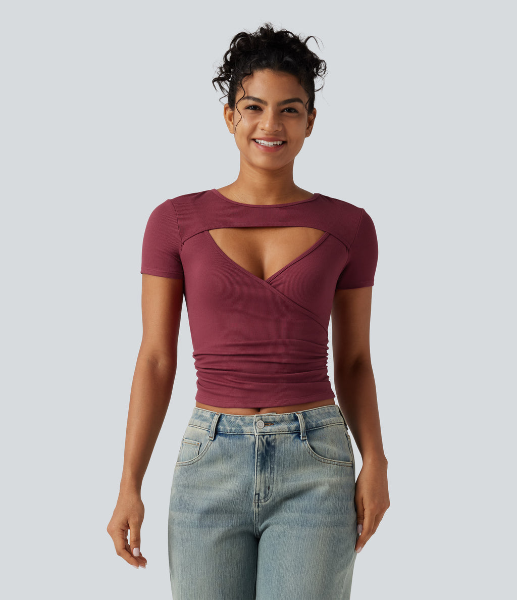Ribbed Knit Round Neck Cut Out Short Sleeve Ruched Casual T-Shirt — Ruby Wine — view 4