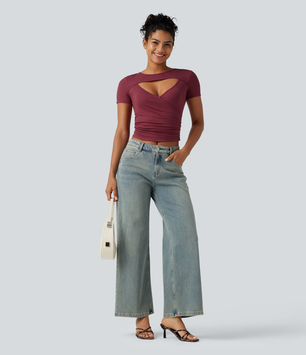 Ribbed Knit Round Neck Cut Out Short Sleeve Ruched Casual T-Shirt — Ruby Wine — view 6